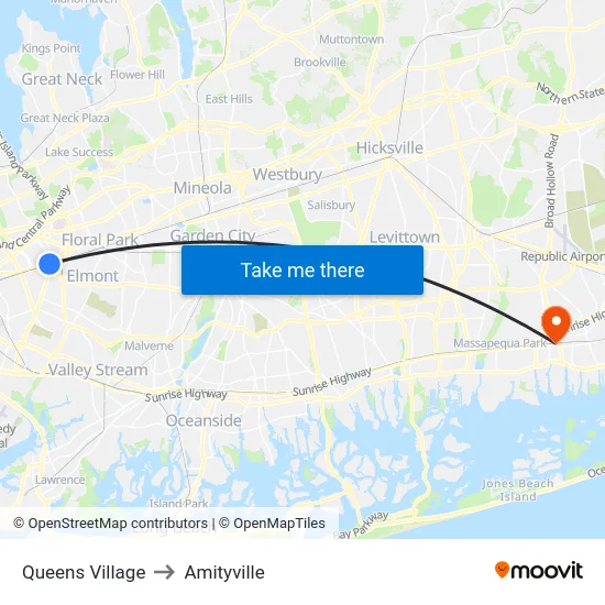 Queens Village to Amityville map