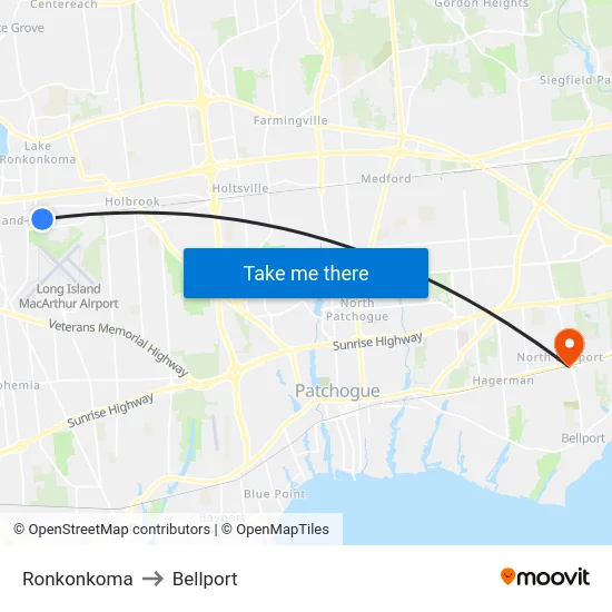 Ronkonkoma to Bellport map