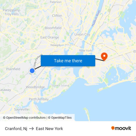 Cranford, Nj to East New York map