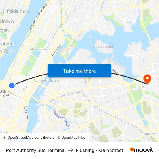 Port Authority Bus Terminal to Flushing - Main Street map