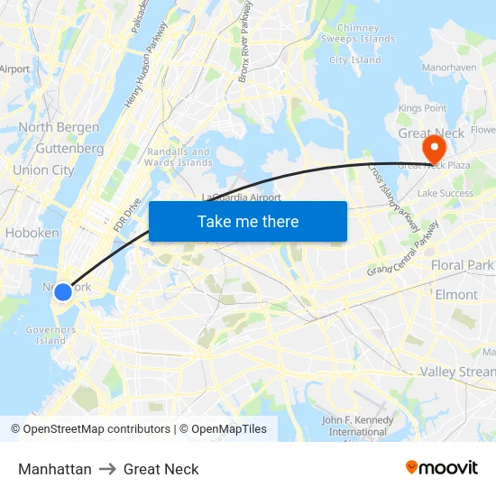 Manhattan to Great Neck map
