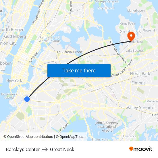 Barclays Center to Great Neck map