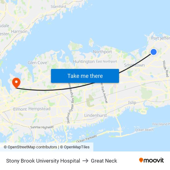 Stony Brook University Hospital to Great Neck map