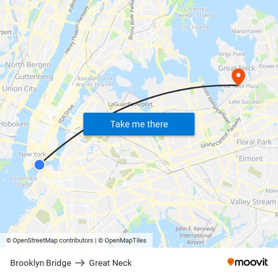 Brooklyn Bridge to Great Neck map