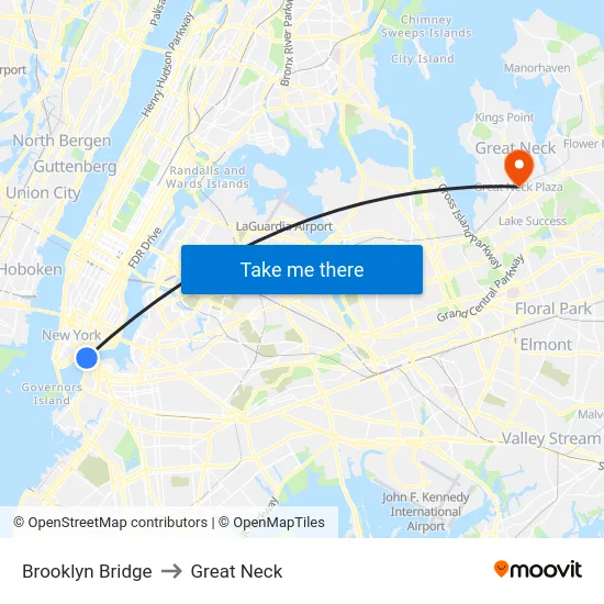 Brooklyn Bridge to Great Neck map