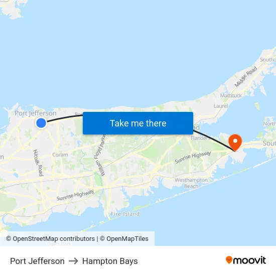 Port Jefferson to Hampton Bays map