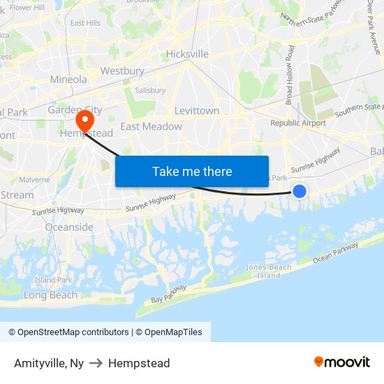 Amityville, Ny to Hempstead map