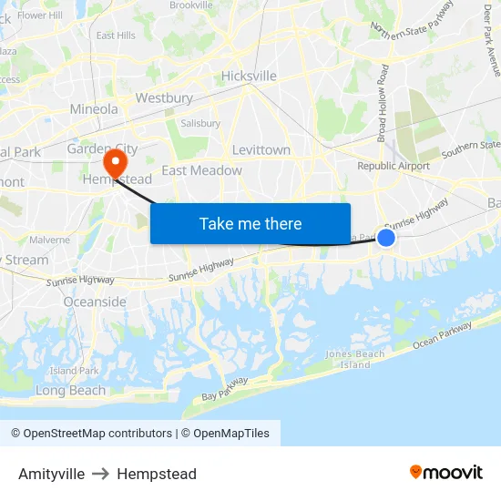 Amityville to Hempstead map