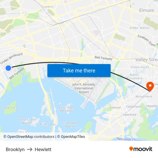 Brooklyn to Hewlett map