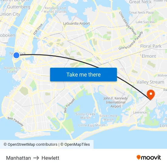 Manhattan to Hewlett map