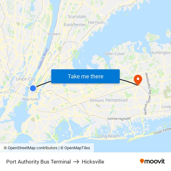 Port Authority Bus Terminal to Hicksville map