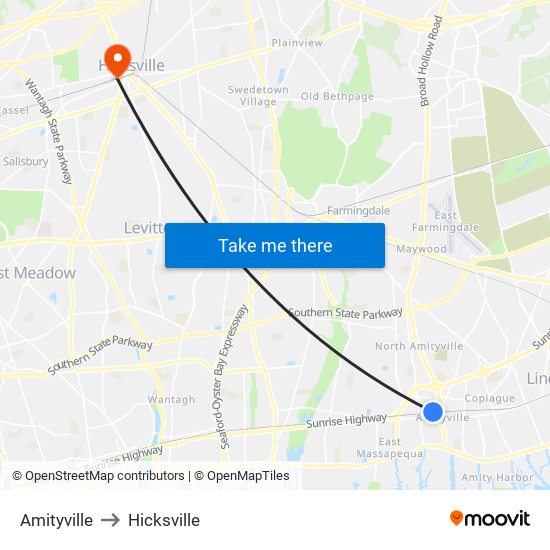 Amityville to Hicksville map