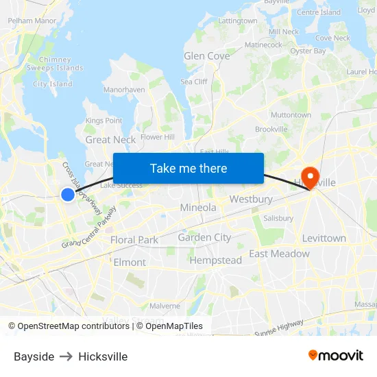 Bayside to Hicksville map