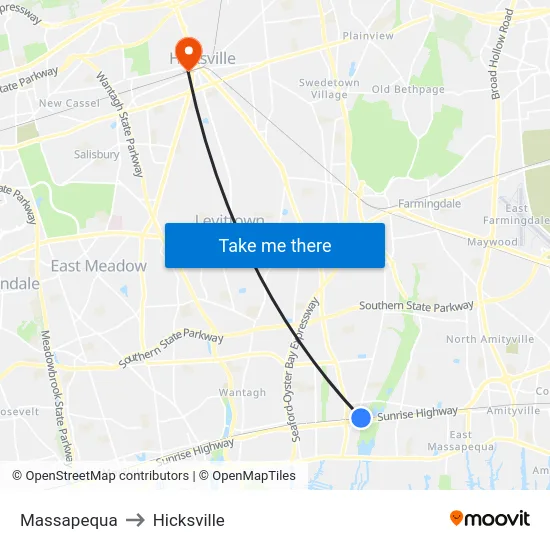 Massapequa to Hicksville map