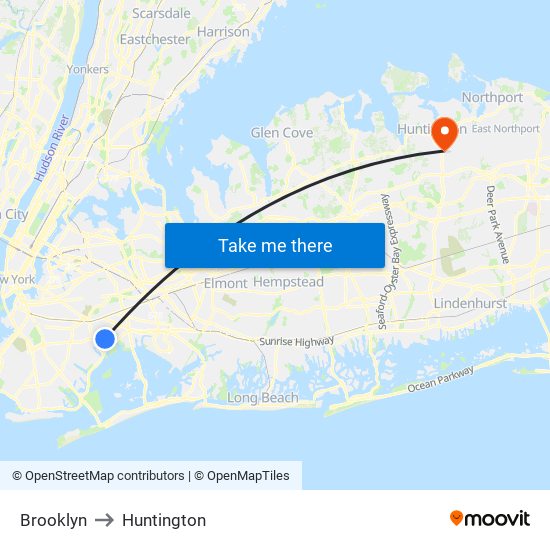 Brooklyn to Huntington map