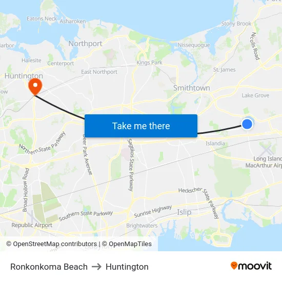 Ronkonkoma Beach to Huntington map