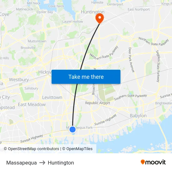 Massapequa to Huntington map