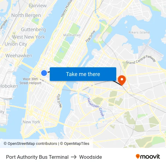 Port Authority Bus Terminal to Woodside map