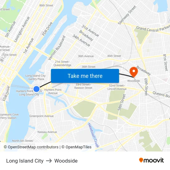 Long Island City to Woodside map