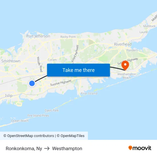 Ronkonkoma to Westhampton map