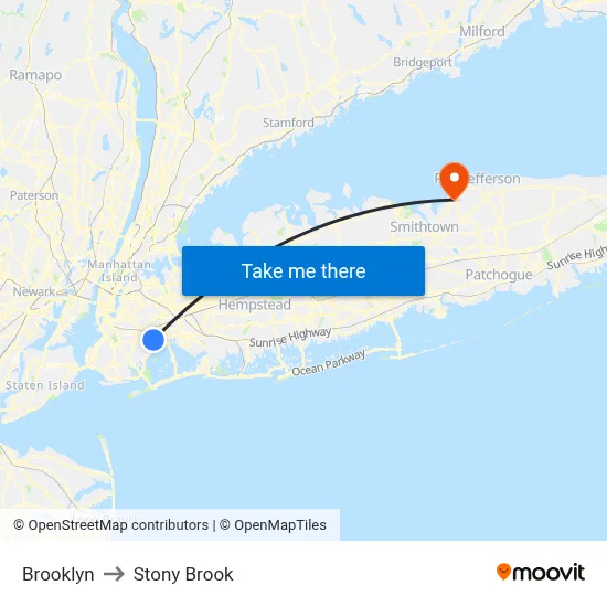 Brooklyn to Stony Brook map
