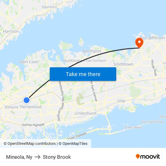 Mineola, Ny to Stony Brook map