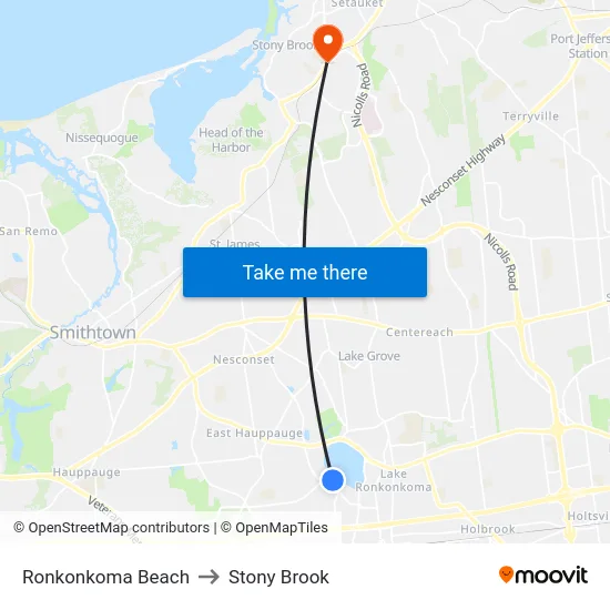 Ronkonkoma Beach to Stony Brook map