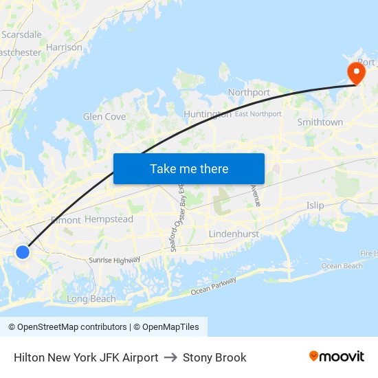 Hilton New York JFK Airport to Stony Brook map