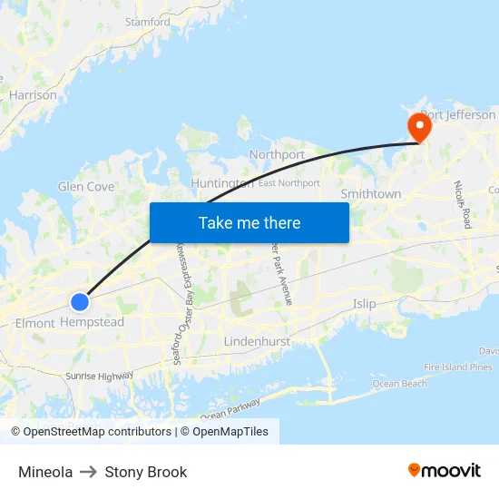 Mineola to Stony Brook map