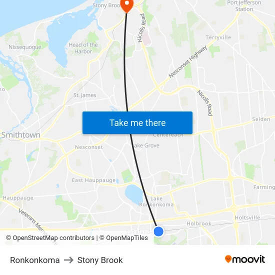 Ronkonkoma to Stony Brook map