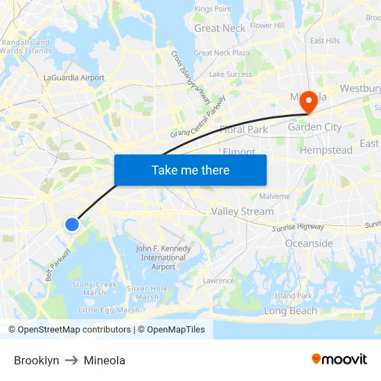 Brooklyn to Mineola map