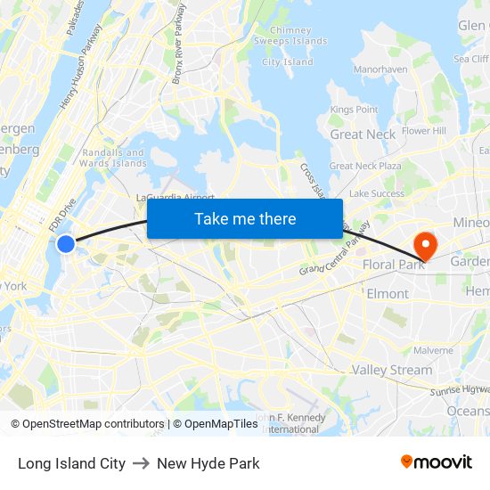 Long Island City to New Hyde Park map