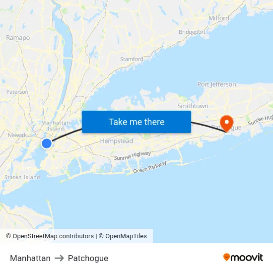 Manhattan to Patchogue map