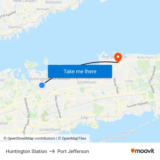 Huntington Station to Port Jefferson map