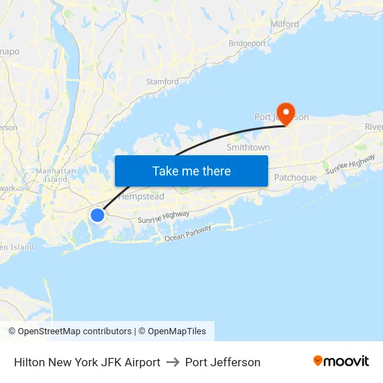 Hilton New York JFK Airport to Port Jefferson map