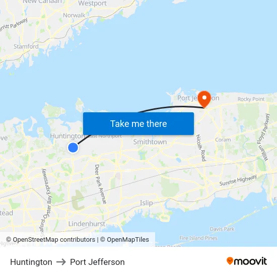 Huntington to Port Jefferson map