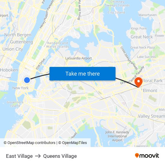 East Village to Queens Village map