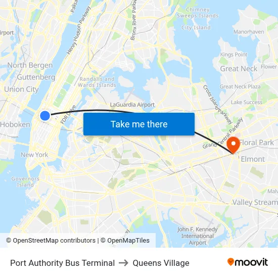 Port Authority Bus Terminal to Queens Village map