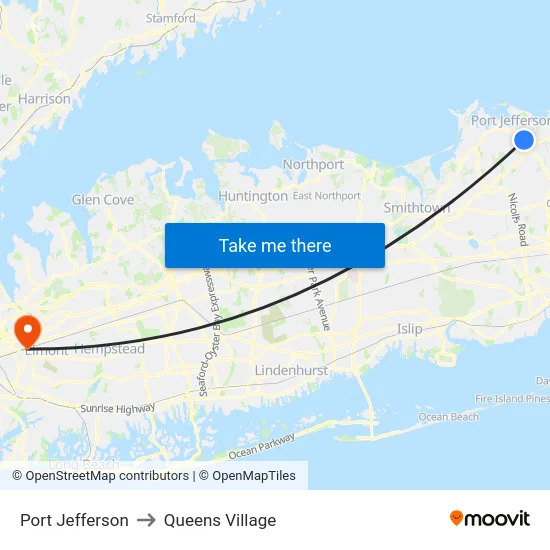 Port Jefferson to Queens Village map
