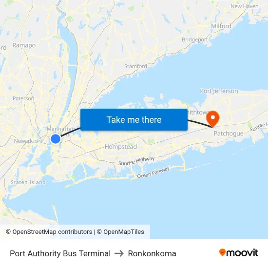 Port Authority Bus Terminal to Ronkonkoma map