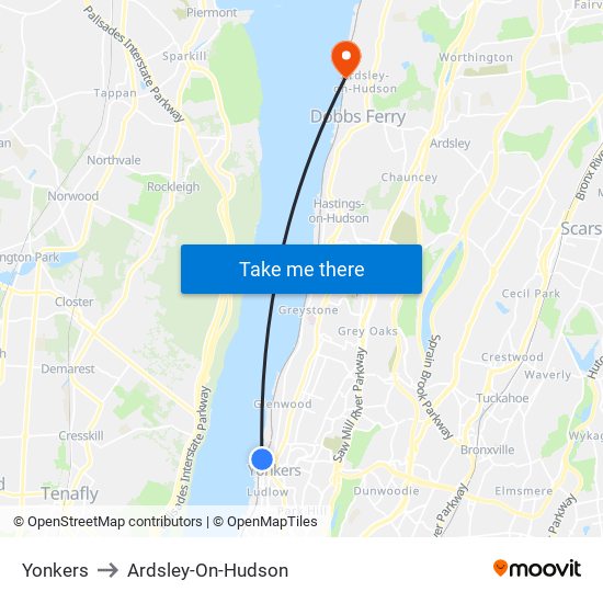 Yonkers to Ardsley-On-Hudson map