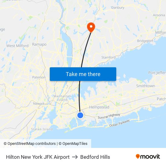 Hilton New York JFK Airport to Bedford Hills map