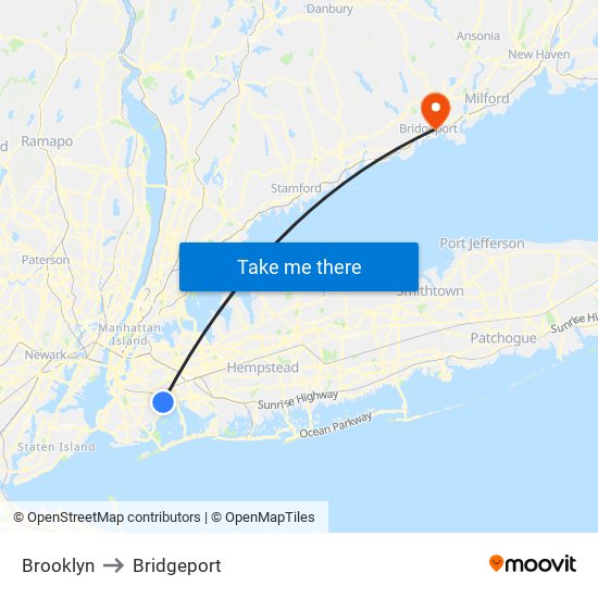Brooklyn to Bridgeport map