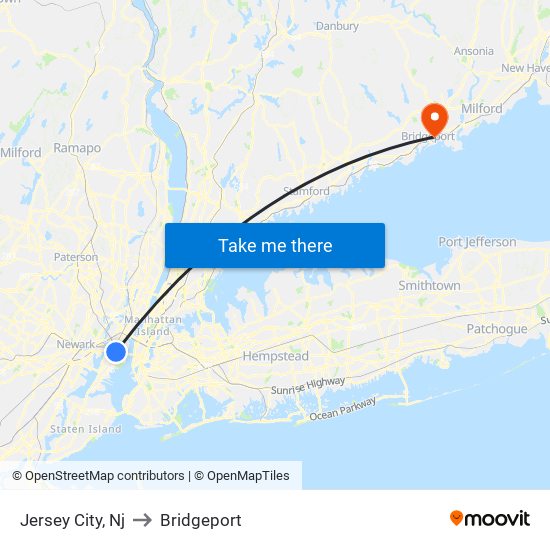 Jersey City, Nj to Bridgeport map