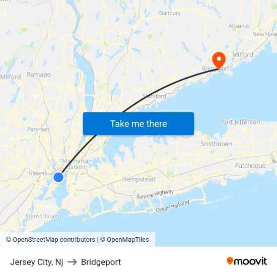 Jersey City to Bridgeport map