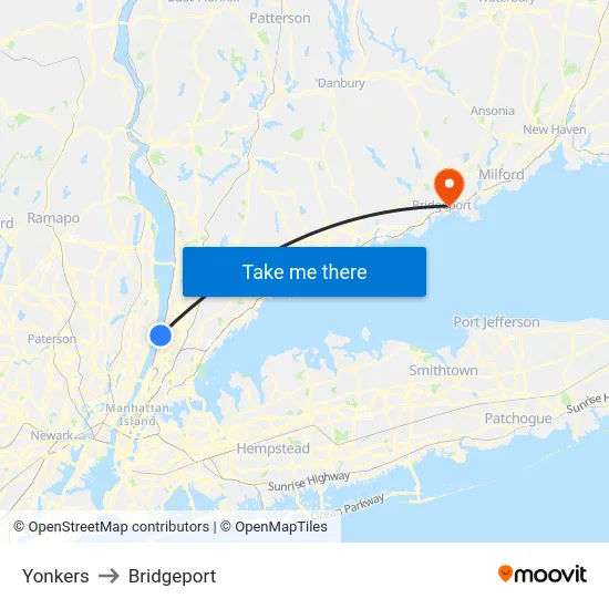 Yonkers to Bridgeport map