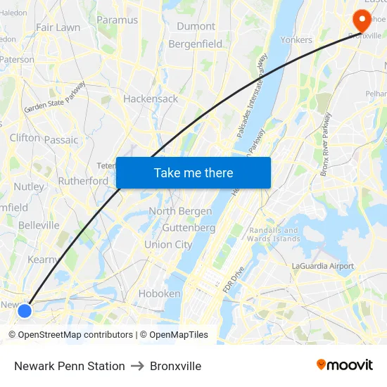 Newark Penn Station to Bronxville map