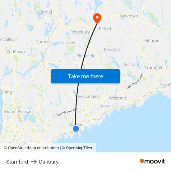 Stamford to Danbury map