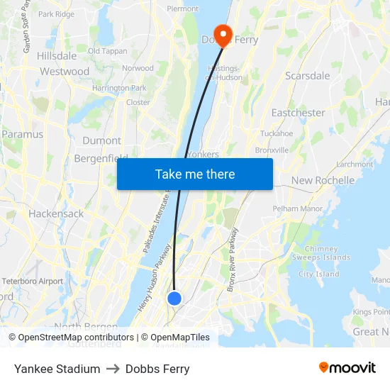Yankee Stadium to Dobbs Ferry map