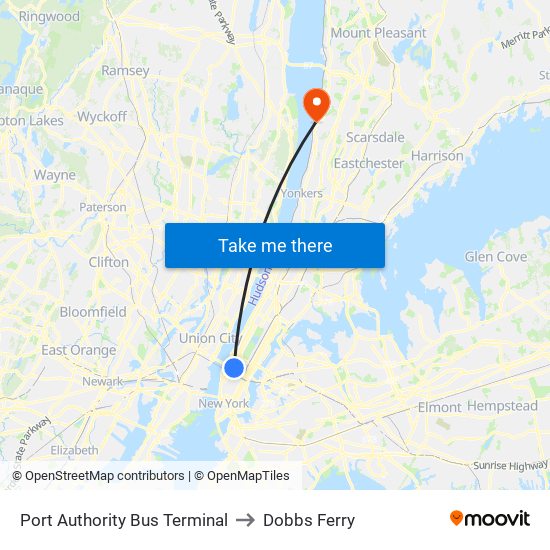 Port Authority Bus Terminal to Dobbs Ferry map